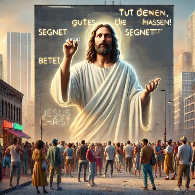 Viele Menschen stehen vor einem großen Bild von Jesus Christus an einer Hauswand mit Teilen des Monatsspruchs von Januar 2025: Segnet, die euch hassen (Lukas 6,27)